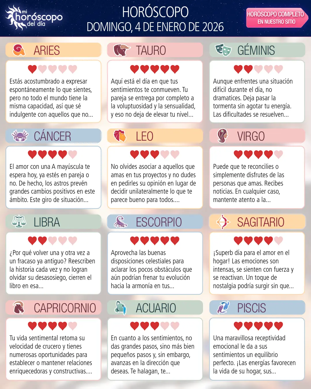 Horóscopo del Domingo 4 De Enero De 2026