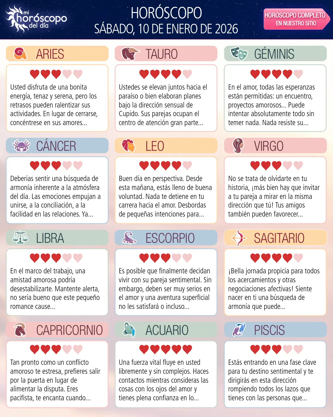 Horóscopo del Sábado 10 De Enero De 2026