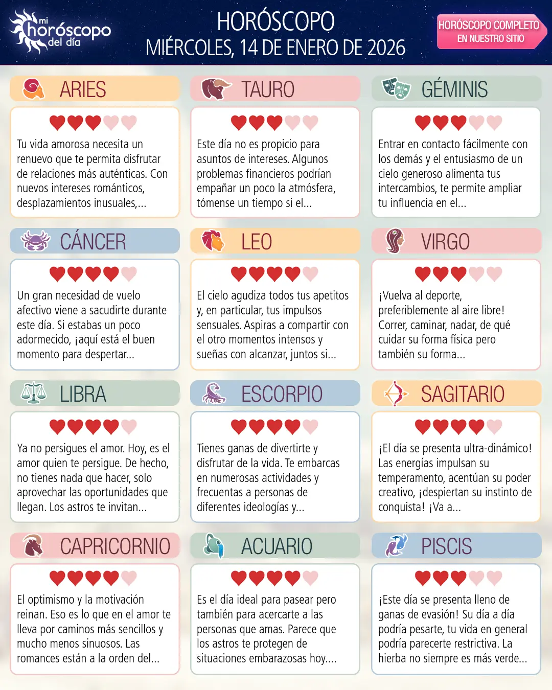 Horóscopo del Miércoles 14 De Enero De 2026