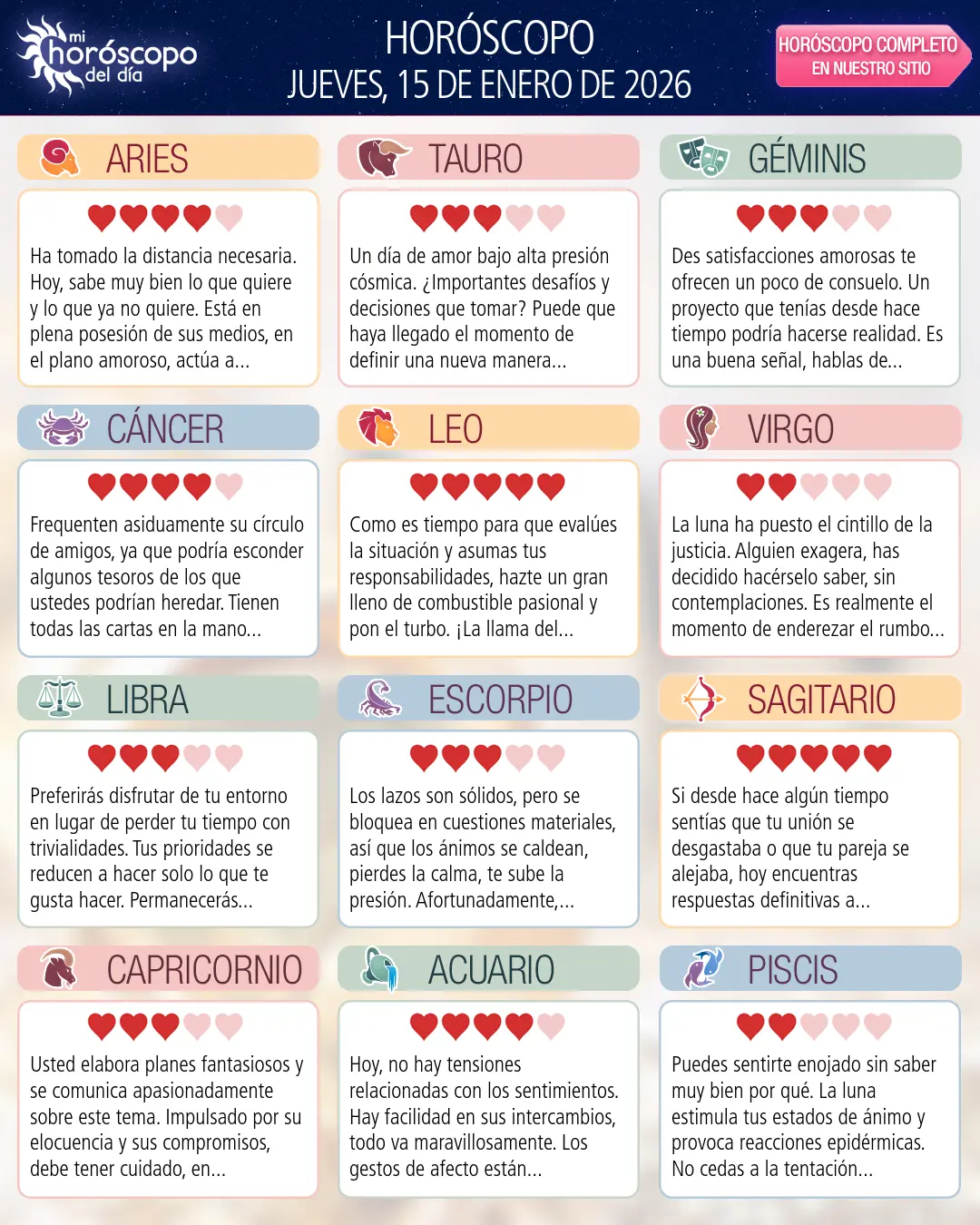 Horóscopo del Jueves 15 De Enero De 2026