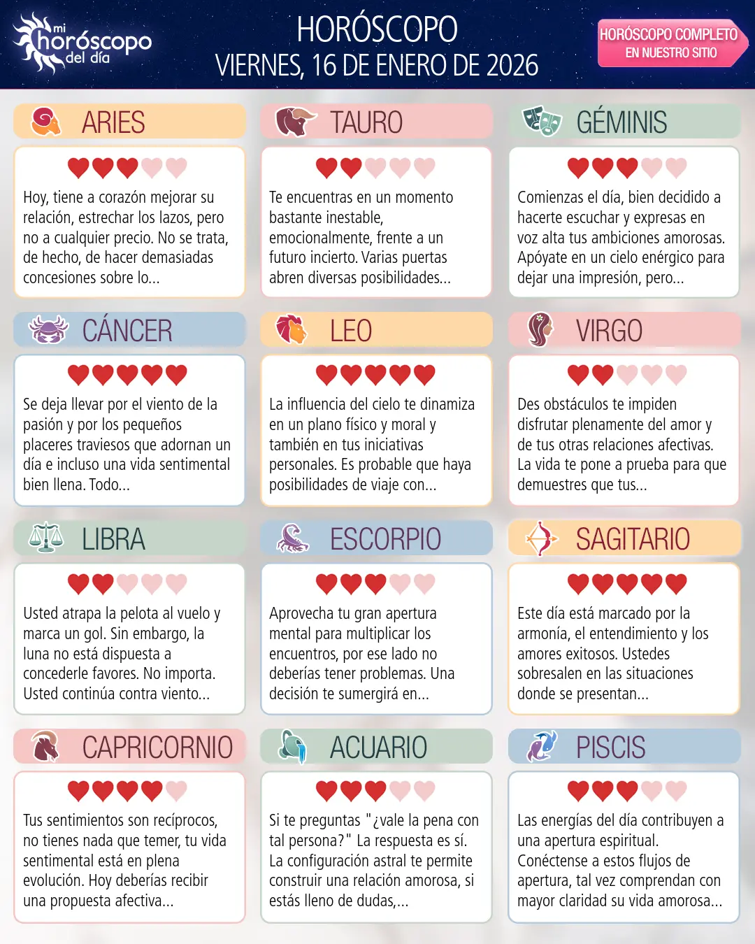 Horóscopo del Viernes 16 De Enero De 2026