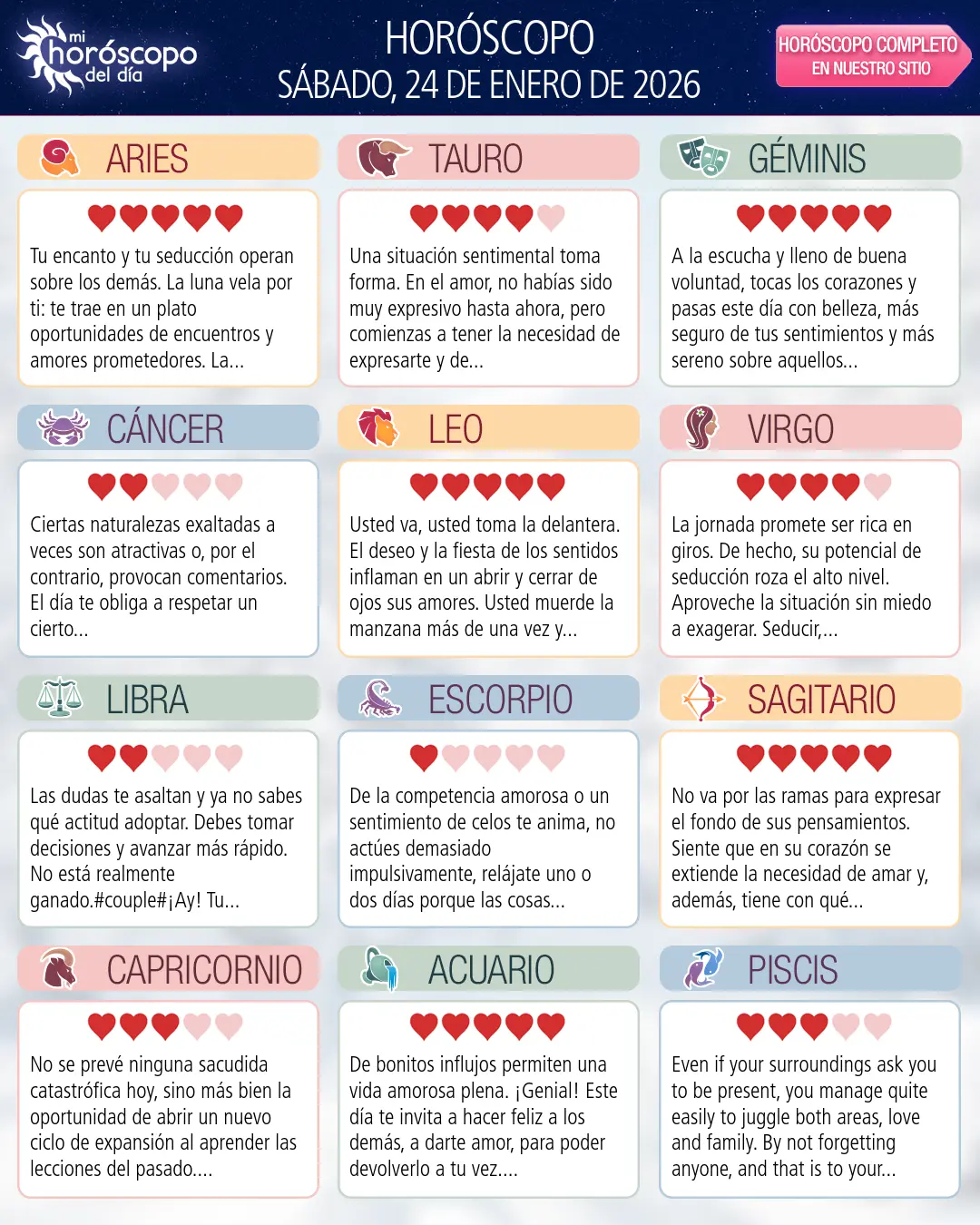 Horóscopo del Sábado 24 De Enero De 2026