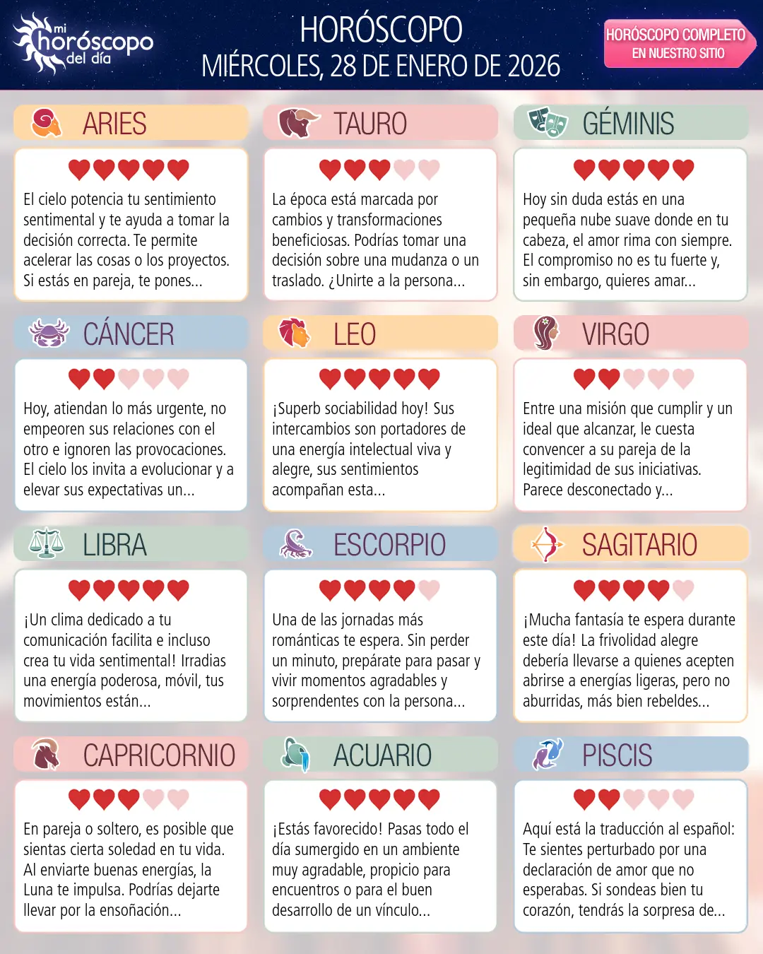 Horóscopo del Miércoles 28 De Enero De 2026