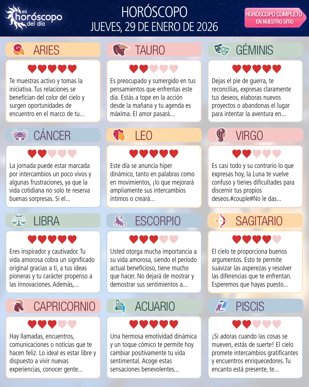 Horóscopo del Jueves 29 De Enero De 2026