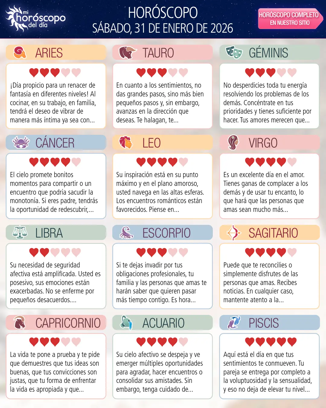 Horóscopo del Sábado 31 De Enero De 2026