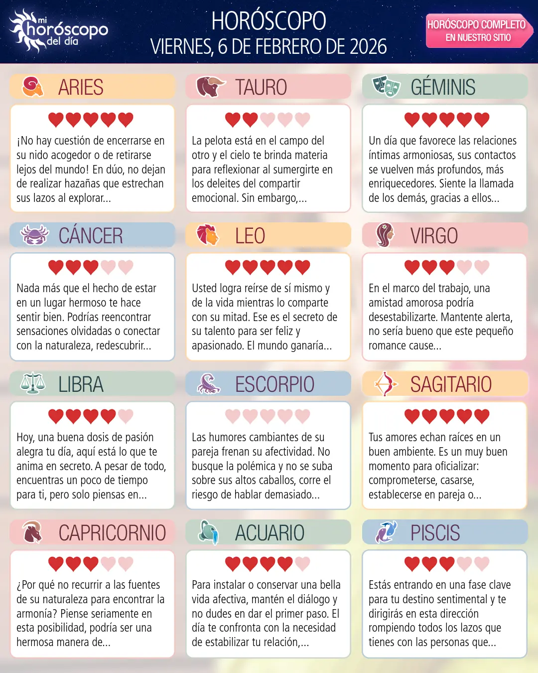 Horóscopo del Viernes 6 De Febrero De 2026