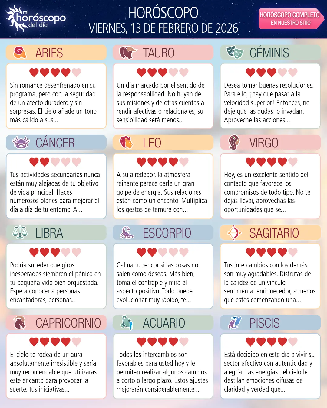 Horóscopo del Viernes 13 De Febrero De 2026