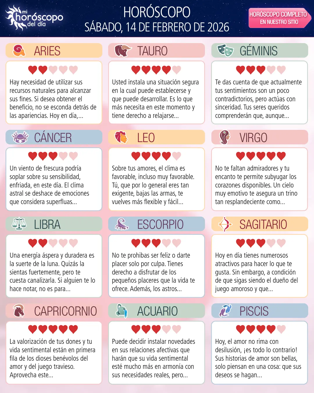 Horóscopo del Sábado 14 De Febrero De 2026