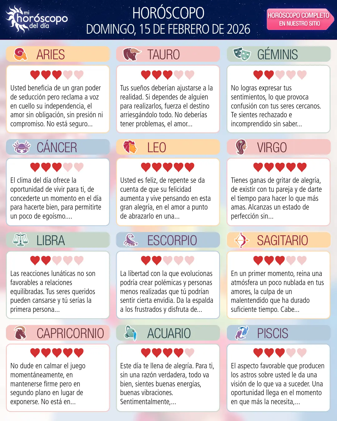 Horóscopo del Domingo 15 De Febrero De 2026