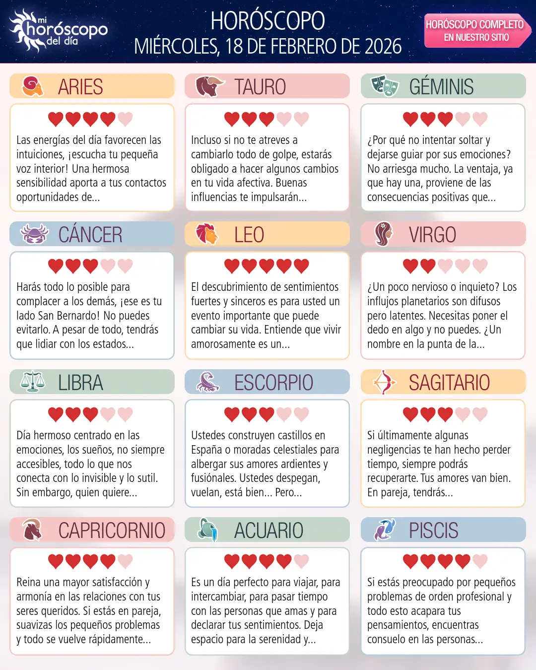 Horóscopo del Miércoles 18 De Febrero De 2026