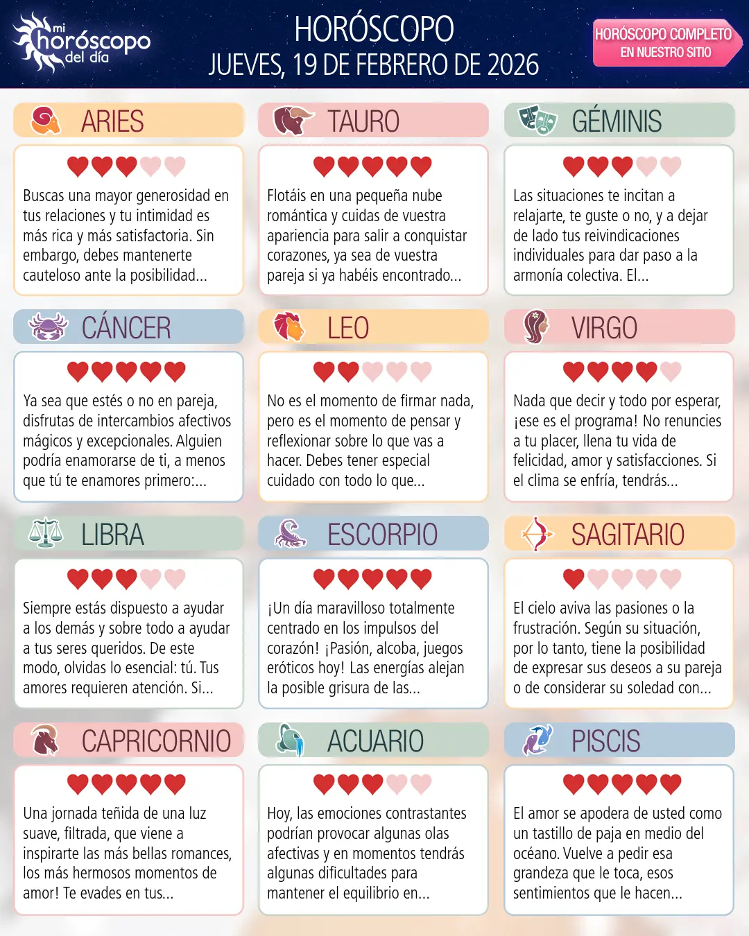 Horóscopo del Jueves 19 De Febrero De 2026
