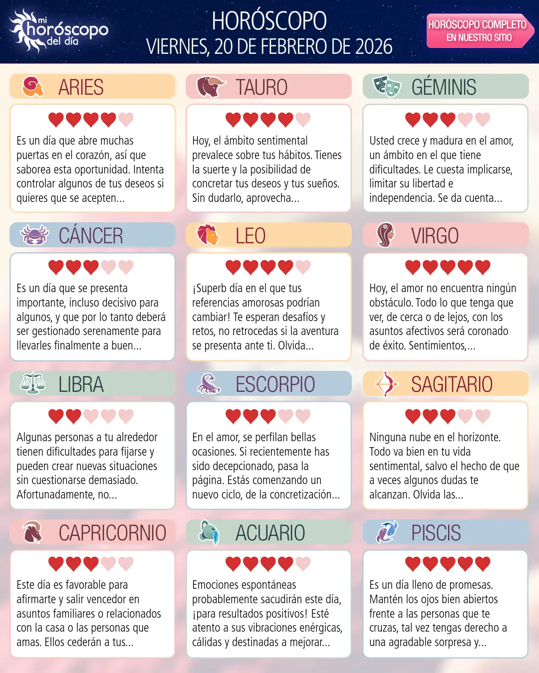 Horóscopo del Viernes 20 De Febrero De 2026