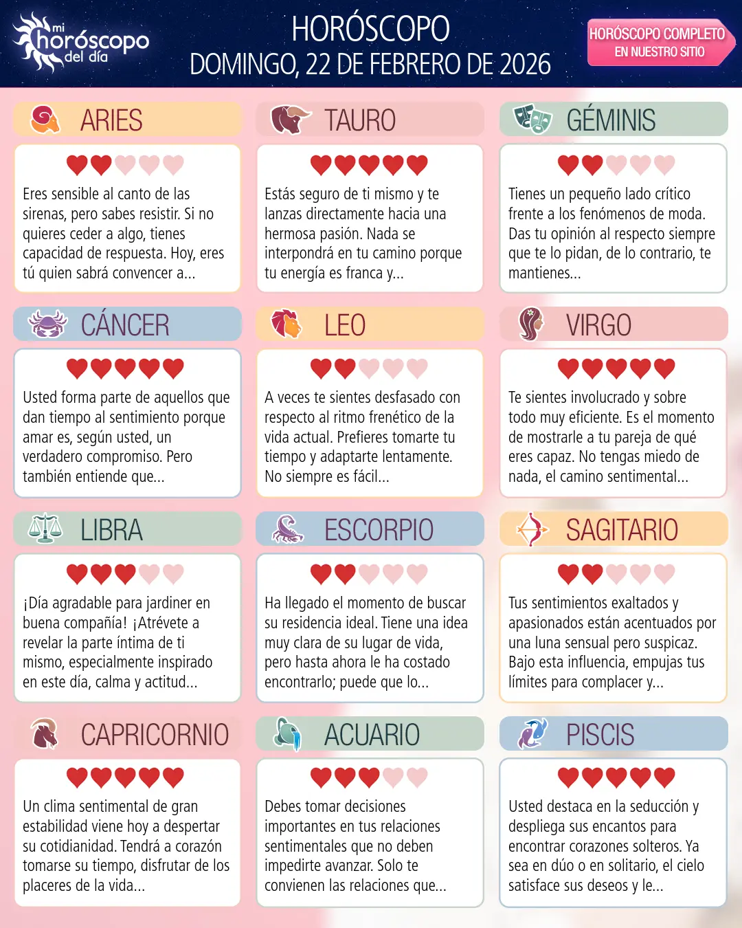 Horóscopo del Domingo 22 De Febrero De 2026