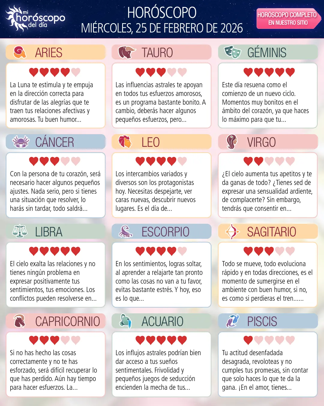 Horóscopo del Miércoles 25 De Febrero De 2026