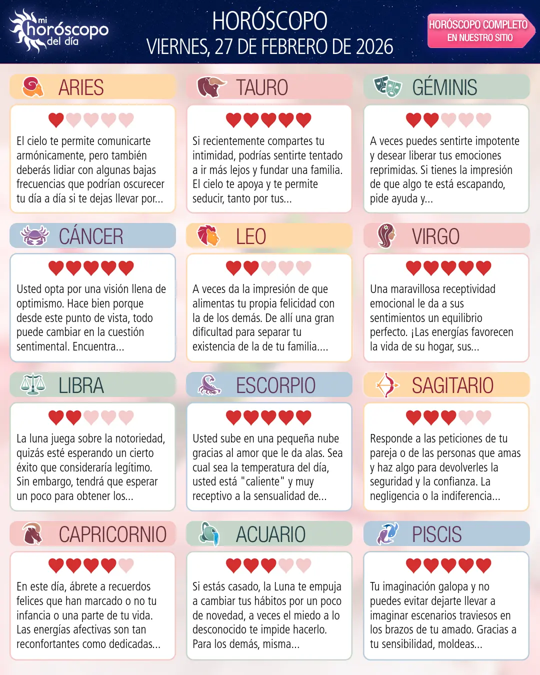 Horóscopo del Viernes 27 De Febrero De 2026