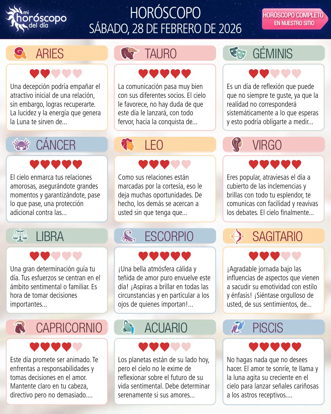 Horóscopo del Sábado 28 De Febrero De 2026