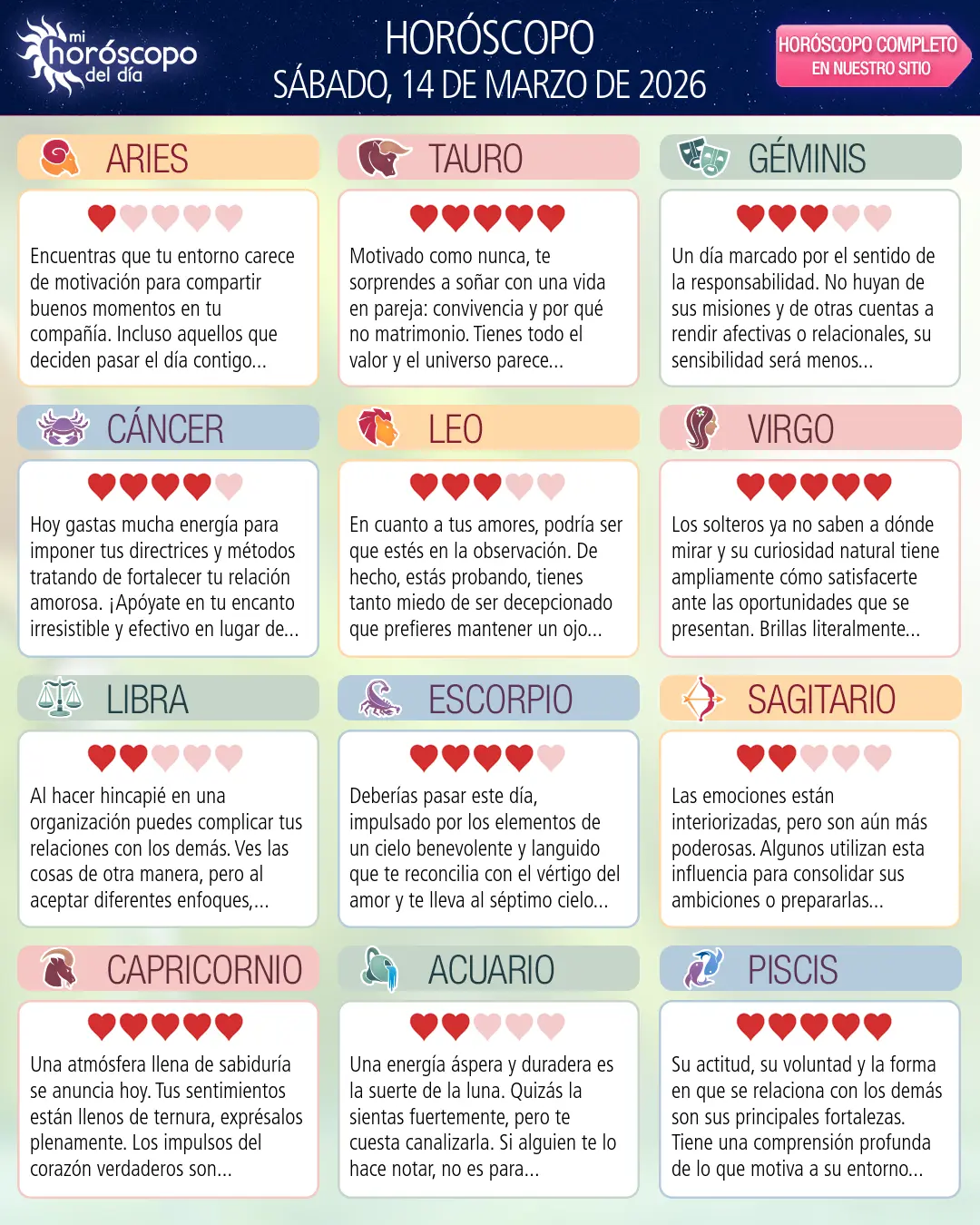 Horóscopo del Sábado 14 De Marzo De 2026