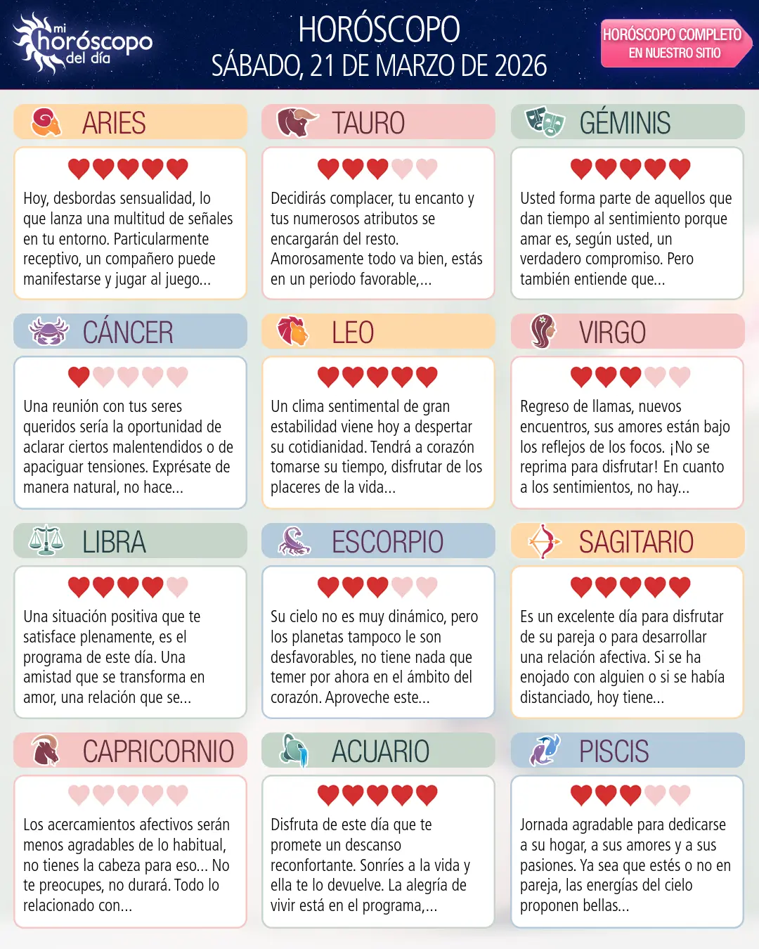 Horóscopo del Sábado 21 De Marzo De 2026