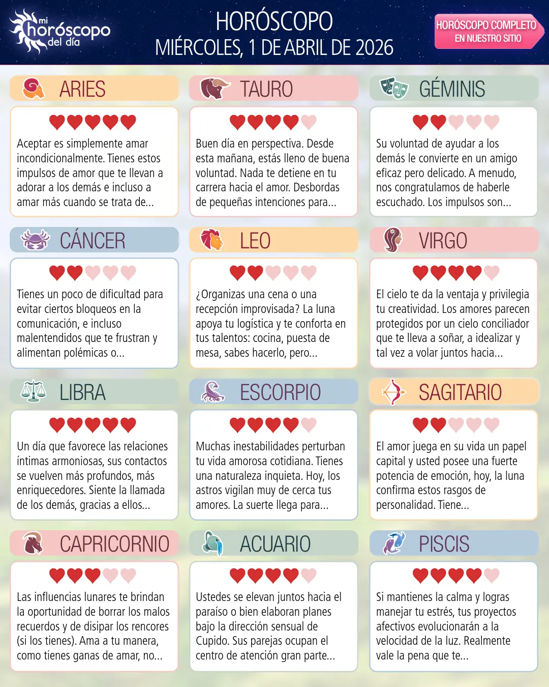Horóscopo del Miércoles 1 De Abril De 2026