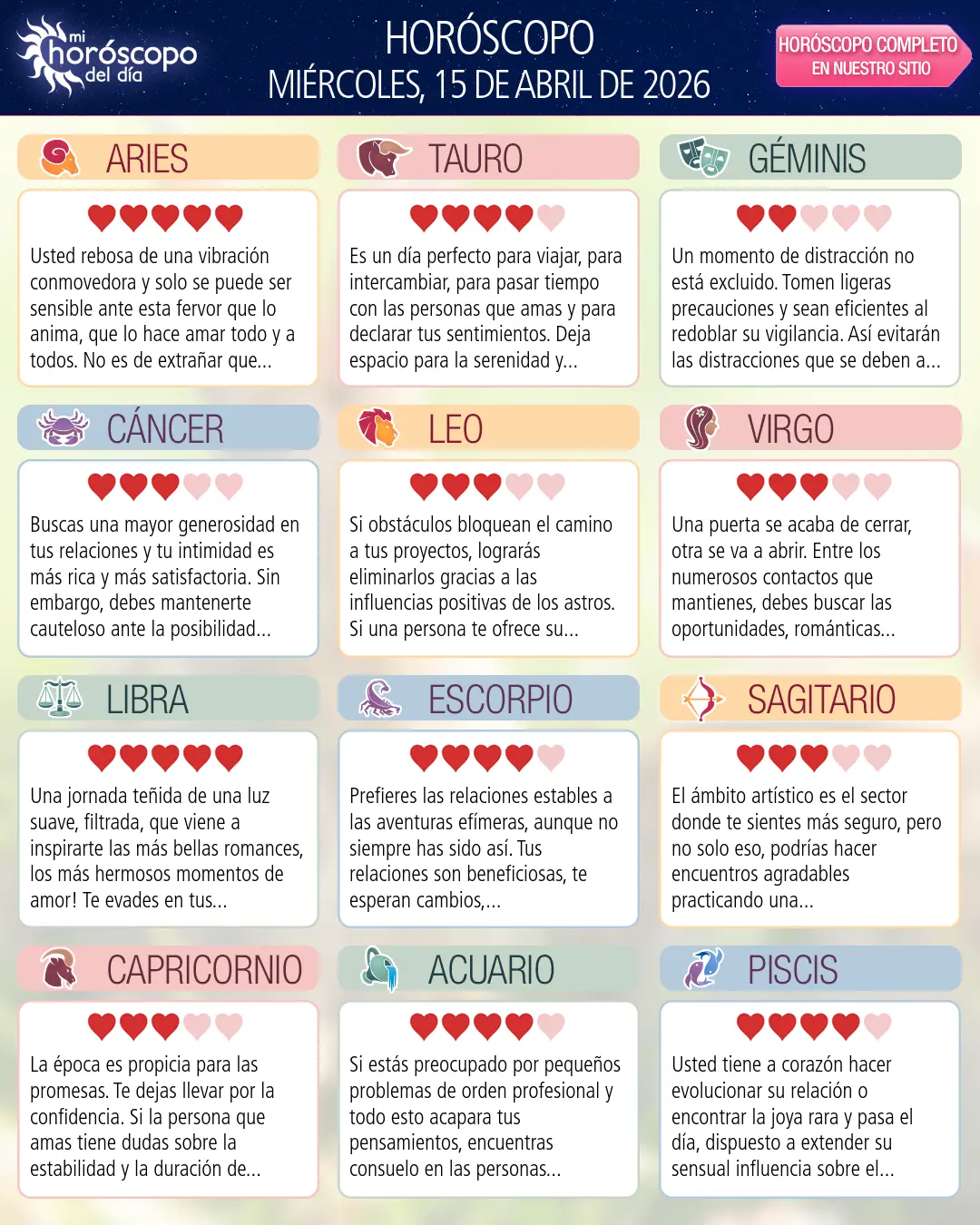 Horóscopo del Miércoles 15 De Abril De 2026