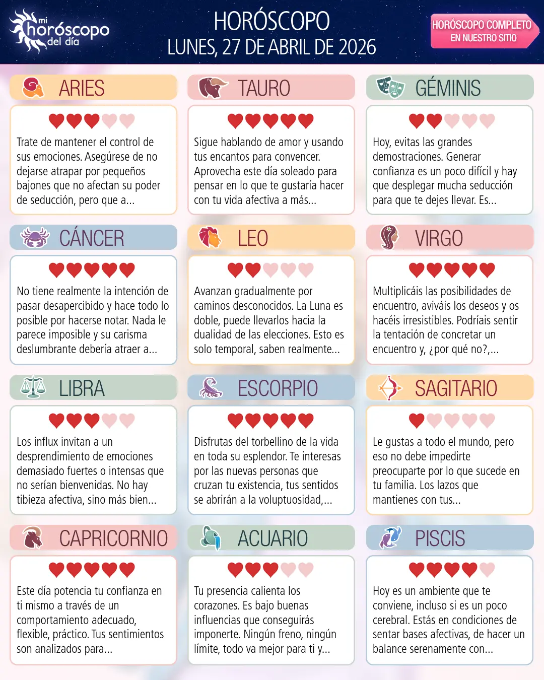 Horóscopo del Lunes 27 De Abril De 2026