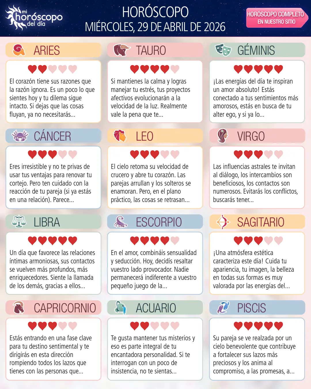 Horóscopo del Miércoles 29 De Abril De 2026