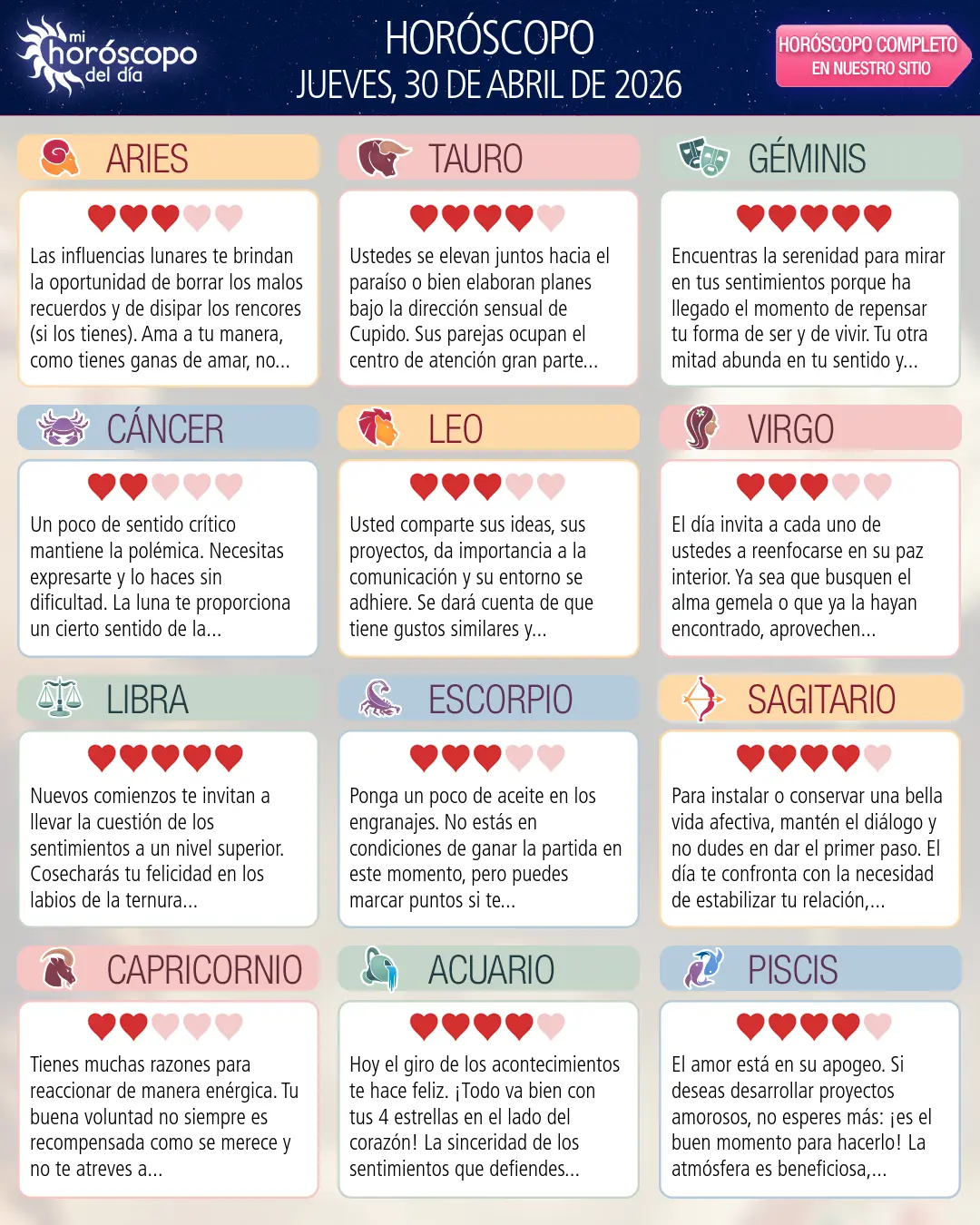 Horóscopo del Jueves 30 De Abril De 2026