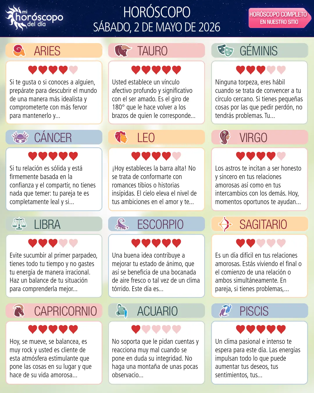 Horóscopo del Sábado 2 De Mayo De 2026