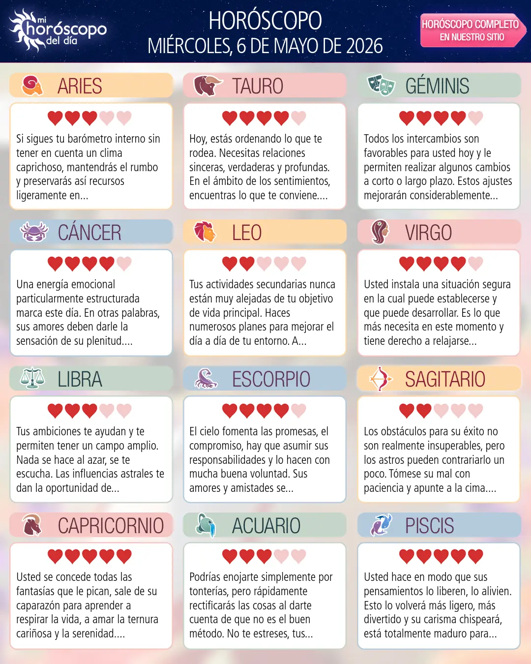 Horóscopo del Miércoles 6 De Mayo De 2026